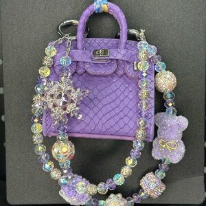 Purple Leather Mini Bag Charm w/ Spinner Crystal Chain | Exact Item Shown
